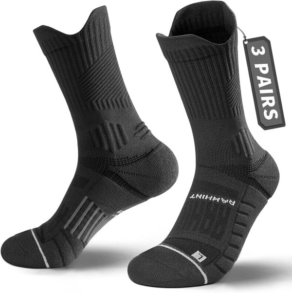 Compression Running Socks 3 Pairs, Cushion Crew Socks, Anti-Blister Moisture Wicking Athletic Hiking Basketball Socks