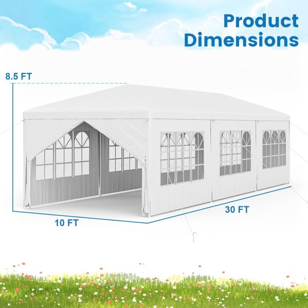 Tangkula 10x30 Ft Heavy Duty Party Tent, Large White Event Tent with 6 Sidewalls & 2 Zippered Door, Outdoor Wedding Tent with Stakes & Ropes for Patio, Backyard, Parties - Image 2