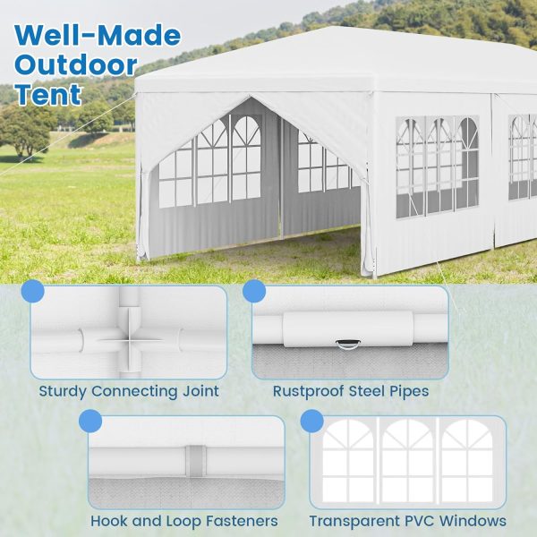 Tangkula 10x30 Ft Heavy Duty Party Tent, Large White Event Tent with 6 Sidewalls & 2 Zippered Door, Outdoor Wedding Tent with Stakes & Ropes for Patio, Backyard, Parties - Image 5